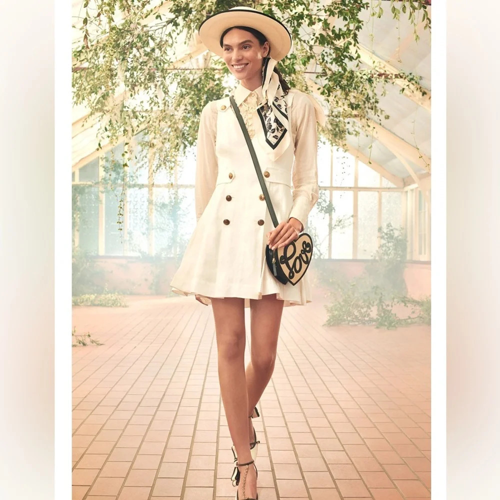 Zimmermann Lovestruck Gold Buttoned Linen Mini Dress Sz 3 US 10 White nwt